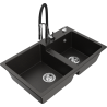 Mexen Tomas granite sink 2-bowl with Aster kitchen tap, black/gold metallic - 6516-75-73450-07