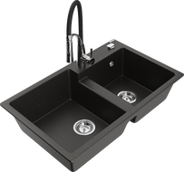 Mexen Tomas granite sink 2-bowl with Aster kitchen tap, black/gold metallic - 6516-75-73450-07