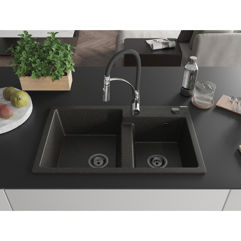 Mexen Tomas granite double-bowl sink with Aster kitchen faucet, black/gold metallic - 6516-75-73450-07-B
