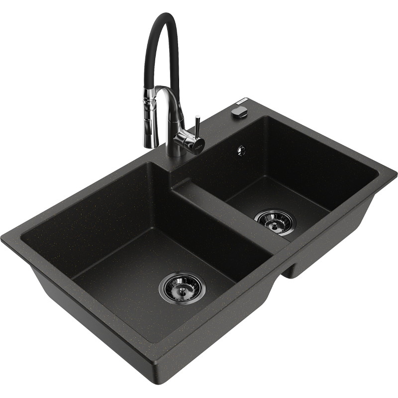 Mexen Tomas 2-bowl granite kitchen sink with Aster faucet, black/gold metallic - 6516-75-73450-07-B