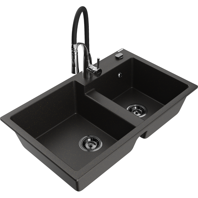 Mexen Tomas 2-compartment granite sink with a kitchen mixer tap Aster, Black/Gold metallic - 6516-75-73450-07-B