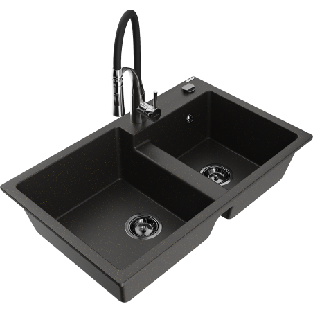 Mexen Tomas 2-bowl granite kitchen sink with Aster faucet, black/gold metallic - 6516-75-73450-07-B