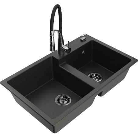 Mexen Tomas 2-bowl granite kitchen sink with Aster tap, black/gold metallic - 6516-75-73450-07-B