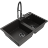Mexen Tomas 2-bowl granite kitchen sink with Aster faucet, black/gold metallic - 6516-75-73450-07-B