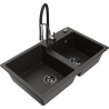 Mexen Tomas granite double-bowl sink with Aster kitchen faucet, black/gold metallic - 6516-75-73450-07-B