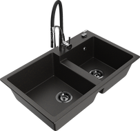 Mexen Tomas granite double-bowl sink with Aster kitchen faucet, black/gold metallic - 6516-75-73450-07-B