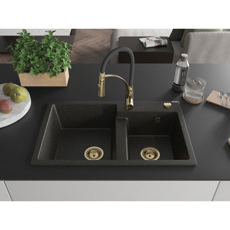 Mexen Tomas granite 2-bowl sink with Aster kitchen tap, black/gold metallic - 6516-75-73450-57-G