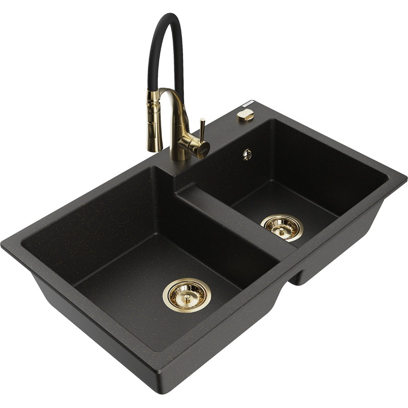 Mexen Tomas 2-chamber granite sink with Aster kitchen faucet, black/gold metallic - 6516-75-73450-57-G
