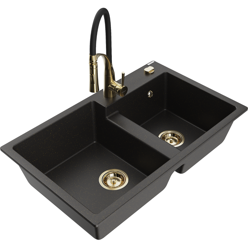 Mexen Tomas 2-compartment granite sink with a kitchen mixer tap Aster, Black/Gold metallic - 6516-75-73450-57-G