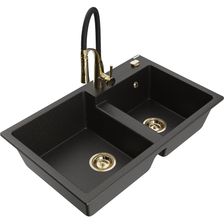 Mexen Tomas 2-chamber granite sink with Aster kitchen faucet, black/gold metallic - 6516-75-73450-57-G