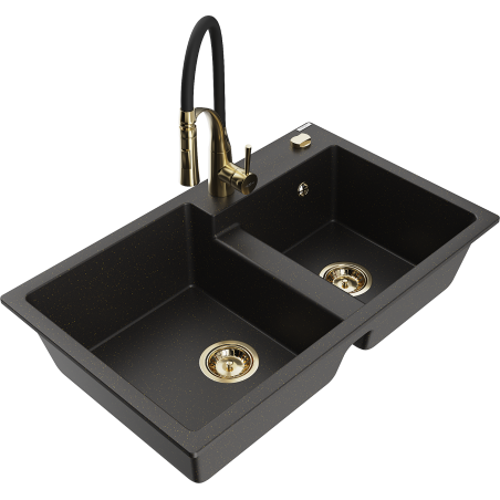 Mexen Tomas granite 2-bowl sink with Aster kitchen tap, black/gold metallic - 6516-75-73450-57-G