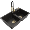 Mexen Tomas 2-chamber granite sink with Aster kitchen faucet, black/gold metallic - 6516-75-73450-57-G