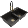 Mexen Tomas granite 2-bowl sink with Aster kitchen tap, black/gold metallic - 6516-75-73450-57-G