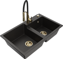 Mexen Tomas 2-chamber granite sink with Aster kitchen faucet, black/gold metallic - 6516-75-73450-57-G