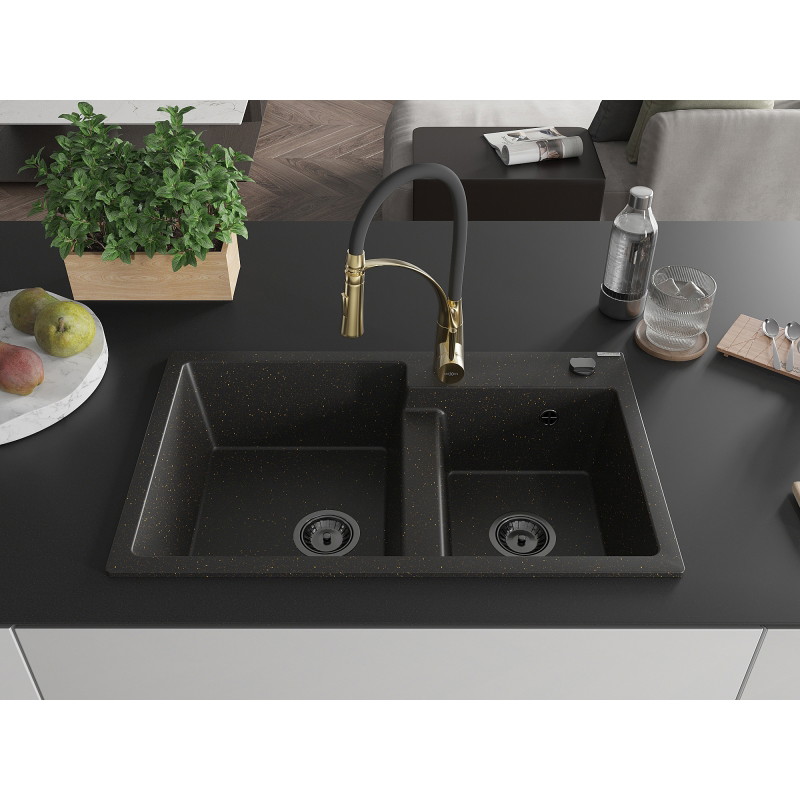 Mexen Tomas granite double-bowl sink with Aster kitchen faucet, black/gold metallic - 6516-75-73450-57-B