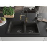 Mexen Tomas granite double-bowl sink with Aster kitchen faucet, black/gold metallic - 6516-75-73450-57-B
