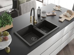 Mexen Tomas 2-bowl granite sink with Aster kitchen faucet, black/gold metallic - 6516-75-73450-57-B