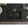 Mexen Tomas granite double-bowl sink with Aster kitchen faucet, black/gold metallic - 6516-75-73450-57-B