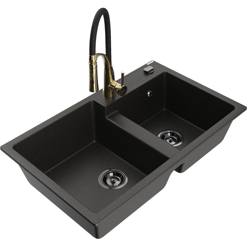 Mexen Tomas granite double-bowl sink with Aster kitchen faucet, black/gold metallic - 6516-75-73450-57-B