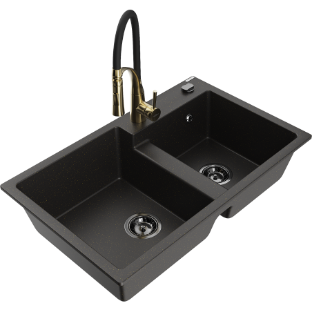 Mexen Tomas granite double-bowl sink with Aster kitchen faucet, black/gold metallic - 6516-75-73450-57-B