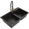 Mexen Tomas granite double-bowl sink with Aster kitchen faucet, black/gold metallic - 6516-75-73450-57-B