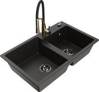 Mexen Tomas 2-bowl granite sink with Aster kitchen faucet, black/gold metallic - 6516-75-73450-57-B