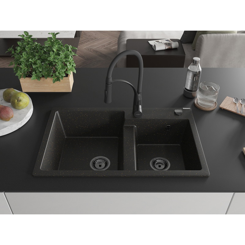 Mexen Tomas granite double-bowl kitchen sink with Aster faucet, black/gold metallic - 6516-75-73450-70-B
