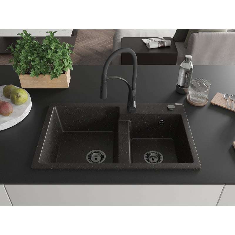 Mexen Tomas granite kitchen sink 2-chamber with Aster kitchen faucet, black/gold metallic - 6516-75-73450-70-B