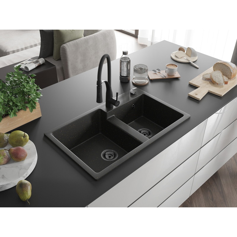 Mexen Tomas granite double-bowl kitchen sink with Aster faucet, black/gold metallic - 6516-75-73450-70-B