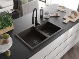 Mexen Tomas granite 2-bowl sink with Aster kitchen tap, black/golden metallic - 6516-75-73450-70-B