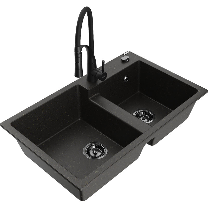 Mexen Tomas granite 2-bowl sink with Aster kitchen tap, black/golden metallic - 6516-75-73450-70-B