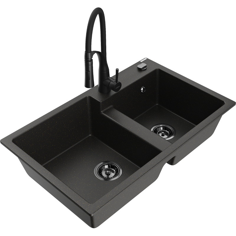 Mexen Tomas granite double-bowl kitchen sink with Aster faucet, black/gold metallic - 6516-75-73450-70-B