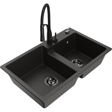 Mexen Tomas granite 2-bowl sink with Aster kitchen tap, black/golden metallic - 6516-75-73450-70-B