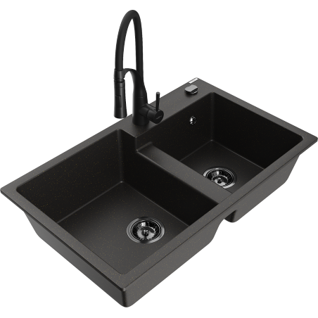 Mexen Tomas granite double-bowl kitchen sink with Aster faucet, black/gold metallic - 6516-75-73450-70-B
