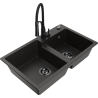 Mexen Tomas granite 2-bowl sink with Aster kitchen tap, black/golden metallic - 6516-75-73450-70-B