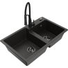 Mexen Tomas granite double-bowl kitchen sink with Aster faucet, black/gold metallic - 6516-75-73450-70-B