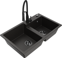Mexen Tomas granite 2-bowl sink with Aster kitchen tap, black/golden metallic - 6516-75-73450-70-B