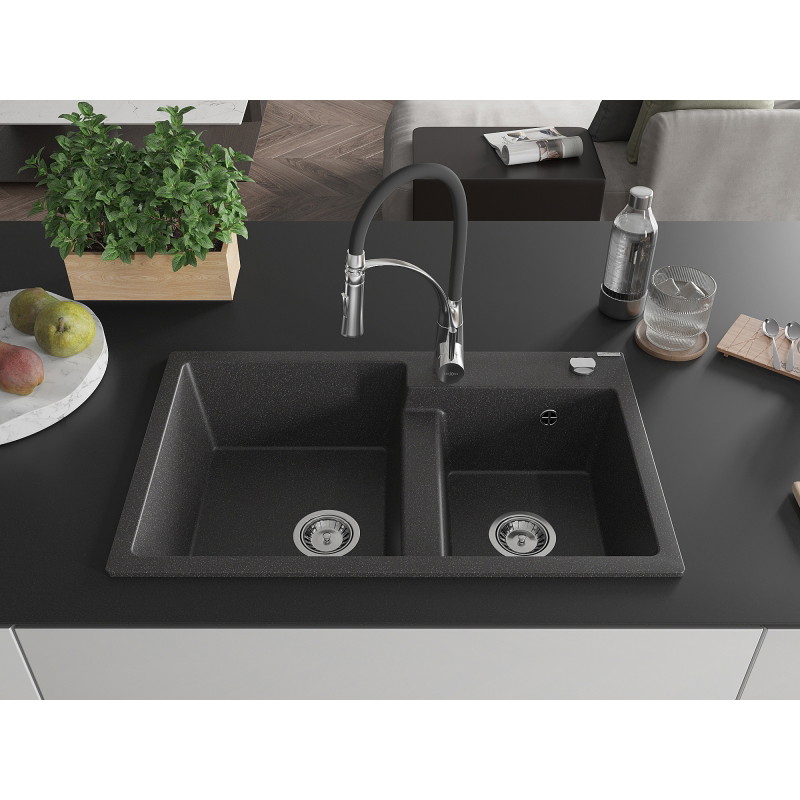 Mexen Tomas granite double-bowl kitchen sink with Aster faucet, speckled black - 6516-76-73450-07