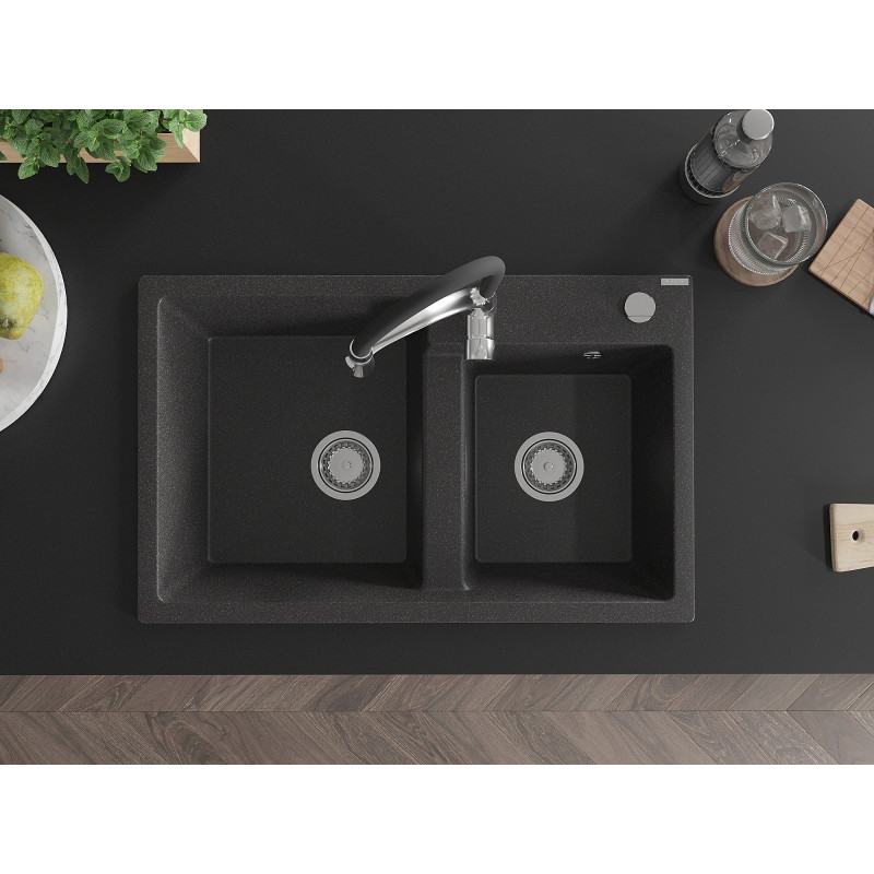 Mexen Tomas granite double-bowl kitchen sink with Aster faucet, speckled black - 6516-76-73450-07