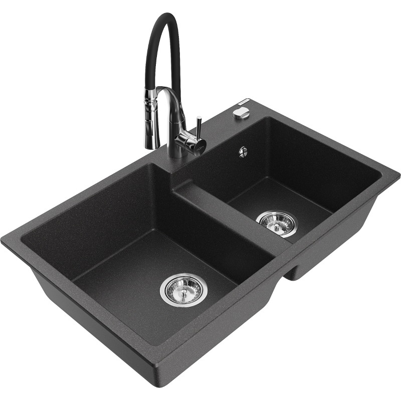 Mexen Tomas granite double-bowl kitchen sink with Aster faucet, speckled black - 6516-76-73450-07