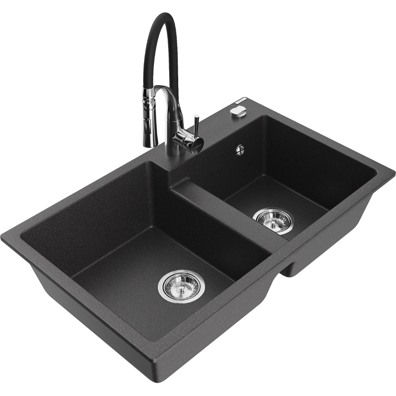 Mexen Tomas granite kitchen sink, 2-bowl with Aster kitchen tap, black flecked - 6516-76-73450-07