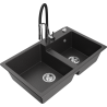 Mexen Tomas granite double-bowl kitchen sink with Aster faucet, speckled black - 6516-76-73450-07