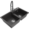 Mexen Tomas granite kitchen sink, 2-bowl with Aster kitchen tap, black flecked - 6516-76-73450-07