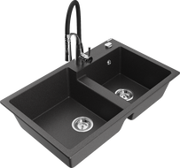 Mexen Tomas 2-bowl granite sink with Aster kitchen faucet, black speckled - 6516-76-73450-07
