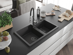 Mexen Tomas granite sink 2-bowl with Aster kitchen tap, black speckled - 6516-76-73450-07-B
