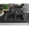 Mexen Tomas granite sink 2-bowl with Aster kitchen tap, black speckled - 6516-76-73450-07-B