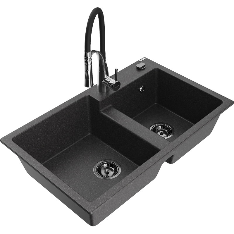 Mexen Tomas 2-bowl granite kitchen sink with Aster faucet, black speckled - 6516-76-73450-07-B