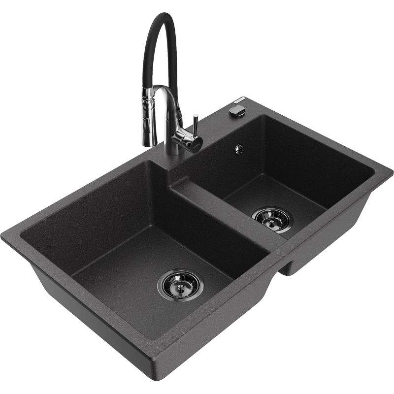 Mexen Tomas granite sink 2-bowl with Aster kitchen tap, black speckled - 6516-76-73450-07-B