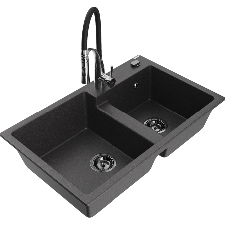 Mexen Tomas 2-bowl granite kitchen sink with Aster faucet, black speckled - 6516-76-73450-07-B