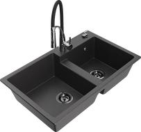 Mexen Tomas 2-bowl granite kitchen sink with Aster tap, speckled black - 6516-76-73450-07-B